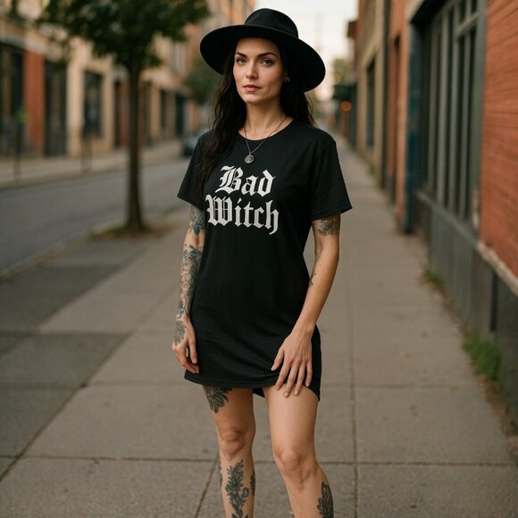 Bad Witch Graphic Tee W/ Gothic Print & Striped Arm Warmers – Trickz N Treatz - Picture 1 of 8
